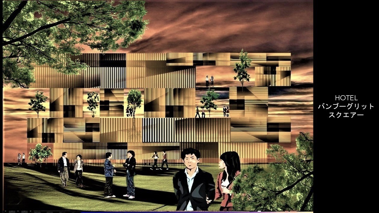 竹の質感を持つ矩形の壁面と樹木が配置された開放空間が立体的に組み合わされたホテル計画