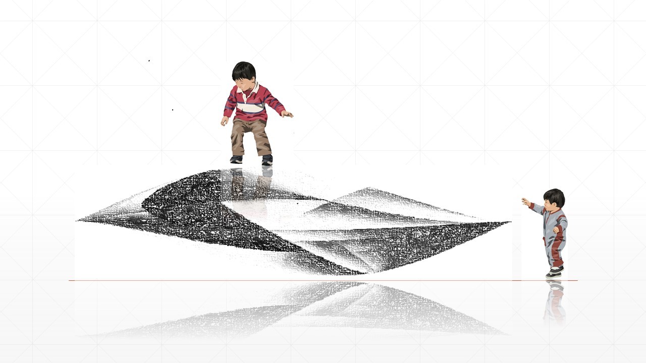 白黒の小さな丘と子供たち 高低差を利用した遊びの空間