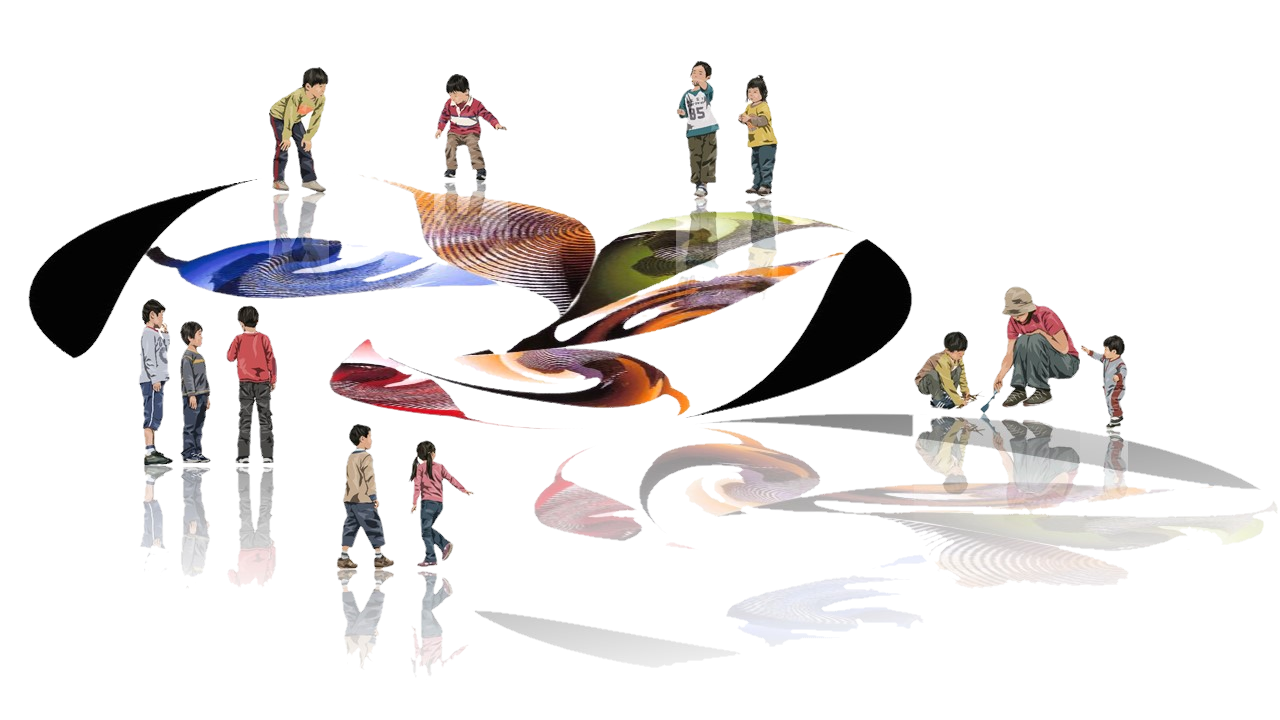 色彩豊かな木の葉のステージと子供たちの活動を描いた空間構想